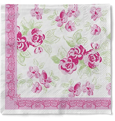 Sovie HOME Serviette COUNTRY LINE, 3-lagiges Tissue, 33 x 33cm, 1/4 Falz, 20 Stück, verspieltes Rosendesign mit Ornamentbordüre, weich, saugfähig, dekorativ, Ideal für Garten- & Sommerfeste