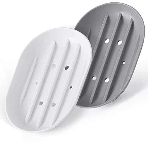 Bathroom Soap Dishes Dish Holder Stand Saver Tray Case for Shower-Silicone Rubber Drainer Dishes for Bar Soap Sponge Scrubber Bathroom Kitchen Sink-Dishwasher Safe-Drains Water,Extends Soap Life,Gray
