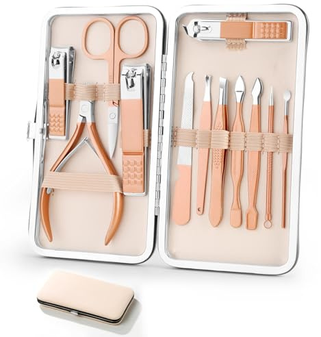 Professional Manicure Pedicure Set 12in1 Nail Care Kit with Stainless Steel Nail Clippers Cuticle Trimmer Grooming Manicure Pedicure Tools for Women Ultra Sharp Sturdy Personal Care Tools Travel Case