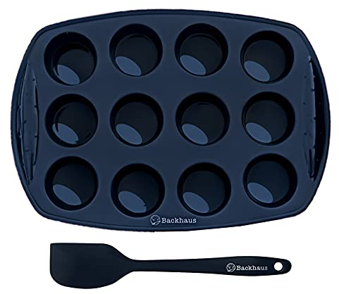 Backhaus Moule à Mini Muffins Antiadhésif en Silicone Platine, Moule à Cupcake 12 cavités, Set à Pâtisserie Anti-Adhérent avec Spatule Maryse pour Cupcakes, Brownies et Gâteaux Apéritifs | Noir