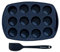 Backhaus Moule à Mini Muffins Antiadhésif en Silicone Platine, Moule à Cupcake 12 cavités, Set à Pâtisserie Anti-Adhérent avec Spatule Maryse pour Cupcakes, Brownies et Gâteaux Apéritifs | Noir