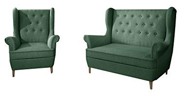 MOEBLO Couchgarnitur Ohrensofa 2 Sitzer + Sessel Sofa Garnitur Stoff Samt (Velour) Glamour Wohnlandschaft Chesterfield - Kros (Grün (Solid 39))