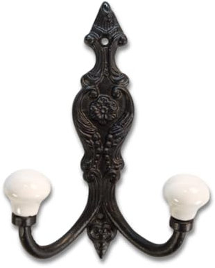 S & S International Cast Iron French Ceramic Coat Hook, Black Antique Wall Mounted, Over Door, Wooden Rack Double Heavy Duty Vintage Antique Coat and Hat Hook, 150mm