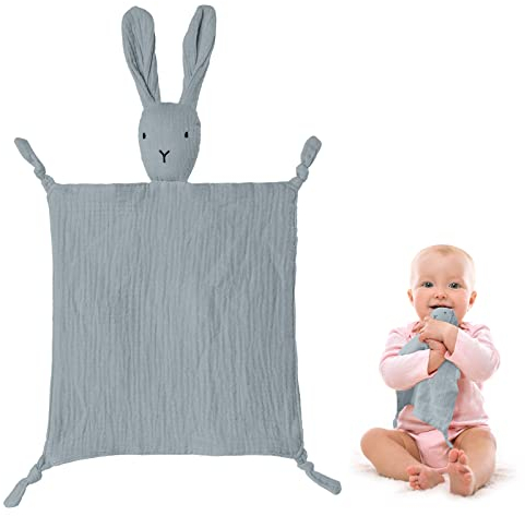 Vicloon Schmusetuch, Kuscheltuch mit Hase-Köpfchen,Doppellagiger Tüll aus 100% Bio-Baumwolle,Baby Geschenk zur Geburt Junge & Mädchen-Grau