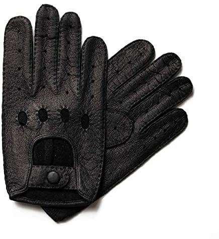 Hand Gewand by Weikert Exklusive Auto Lederhandschuhe aus PECCARY-LEDER, Autohandschuhe mit Finger, handgenäht, Autofahrerhandschuhe Herren (9,5, Schwarz)