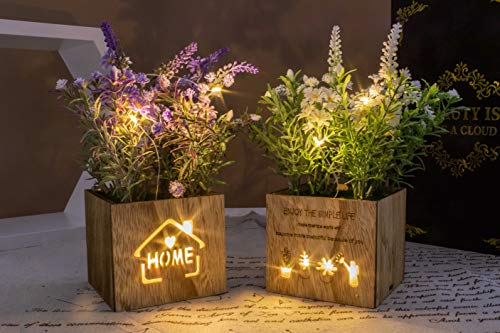 BEGONDIS Set of 2 Artificial Flowers with Led Lights in Wooden Box, Artificial Plants Plastic Fake Topiary for Home/Office Decorations, Table Centerpiece (led flower set of 2)