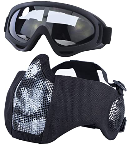 Yzpacc Taktische Maskenbrille Set, Verstellbare Halbgesichtsmaske Mit Ohrenschutz, Anti-UV Gläser, Augenschutz für Airsoft/BB/CS-Spiele/Jagd/Paintball/Shooting (WB)