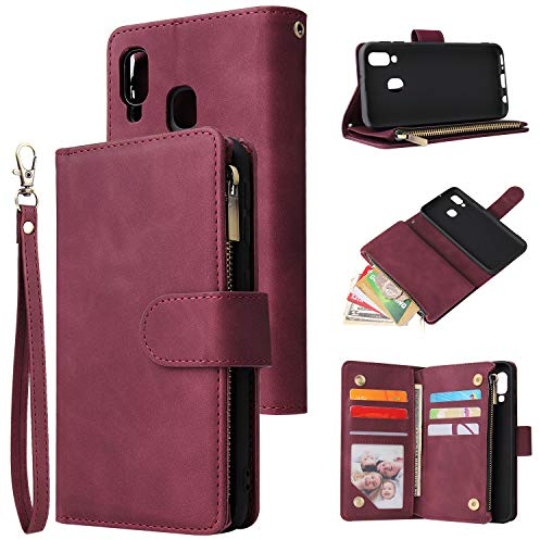 QLTYPRI Hülle für Samsung Galaxy A40, Premium Leder Handyhülle mit Große Kapazität 6 Kartenfach & 1 Reißverschluss Tasche Ständer Schutzhülle für Samsung Galaxy A40 - Rot