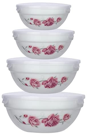 Glass Bowls with Lids White Set of 4 Opal Glass Serving Storage Bowl Nesting Salad Food Stackable for Meal Prep Leftovers Baking Cooking Kitchen, Microwave and Dishwasher Safe (Pink Floral)