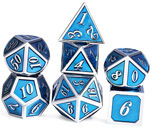 Yourandoll 7 STÜCKE Zinklegierung Metall Würfel Polyeder Würfel D20 D12 D10 D8 D6 D4 für Dungeons und Dragons DND RPG MTG Würfel Tischspiele 16mm (Blau Silber)