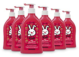 sanosan 2in1 Dusche & Shampoo Erdbeere für Kinder & Baby 6x 400 ml - Duschgel & Haarshampoo mit Bio Olivenextrakt & Milchprotein - Haarpflege, Hautpflege, Shower Gel, Haar Shampoo