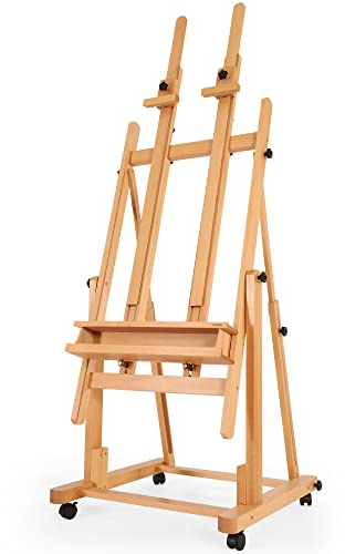 VISWIN Doppelmast Extra Groß Staffelei H-Rahmen, Neigbar Staffelei Holz Groß aus Buchenholz mit Rädern, Schwerlast Atelierstaffelei mit Großem Stauraum für Malen, Künstler, Erwachsene