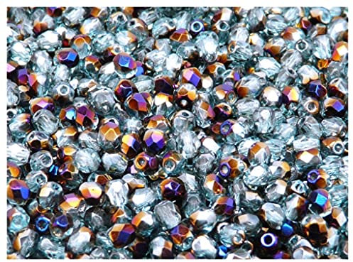 600 unidades, perlas de cristal checas facetadas, pulidas, redondas, 4 mm, Aquamarijn / Zaïrit (regenboog azuro op azul claro transparente)