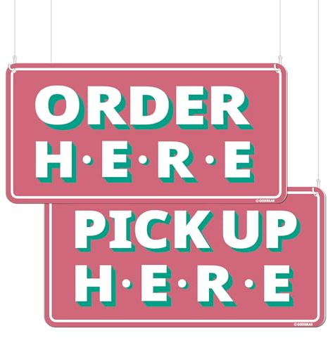 GEEKBEAR Order Here and Pick Up Here Signs (Pink) - Premium Order Here Pick Up Here Signs with Special Hanging Hooks Attachable to Ceiling - 12 X 6 - 2 Pack