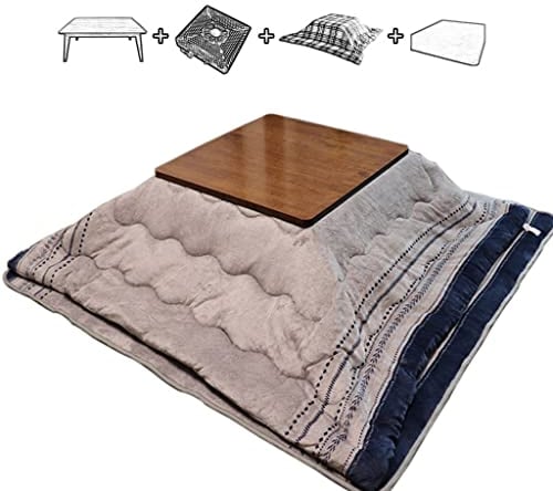 TESZON Japanisches Kotatsu-Tischset mit Heizung und Decke, Matte, Holzstecker in beheiztem Kaffee-Tee-Tisch, Futon-Bettdecke, 4er-Set for Zuhause und Wohnen, quadratisch, grau