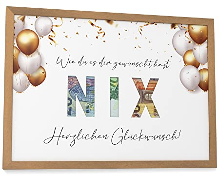 Papierschmiede® NIX Geschenk, Geldgeschenk DIN A4 (21x30 cm) Bilderrahmen nach Wahl, Nichts Geschenk, Geschenke für Frauen, Männer Geschenke Lustig, Coole Geld Verpackung Geschenkidee zum Geburtstag