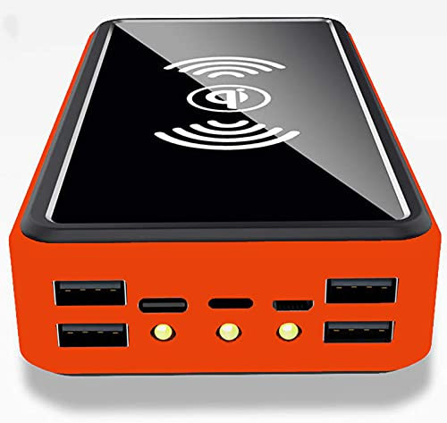 Wttfc Solar Charger 100000mAh Qi Wireless Solar Power Bank Camping External Battery Pack with Solar Panel, Portable Charger, Fast Charging 5V/2.1A Input/Output, LED Flashlights, LED Indicator,Orange