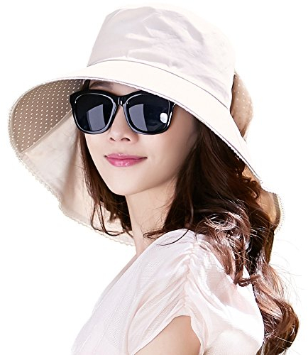 Comhats Sonnenhut Damen UPF 50 + Sonnenschutz Sommerhut mit Nackenschnur für Frauen breite Krempe Klappbarer 69053_beige M