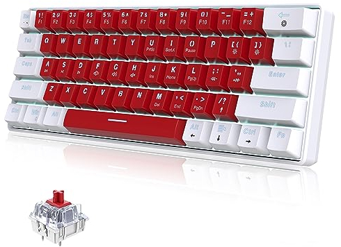 Snpurdiri Wired 60% Mechanical Gaming Keyboard, White LED Backlit Ultra-Compact Small Office Keyboard for Windows Laptop, PC, Mac, White-Red Switches