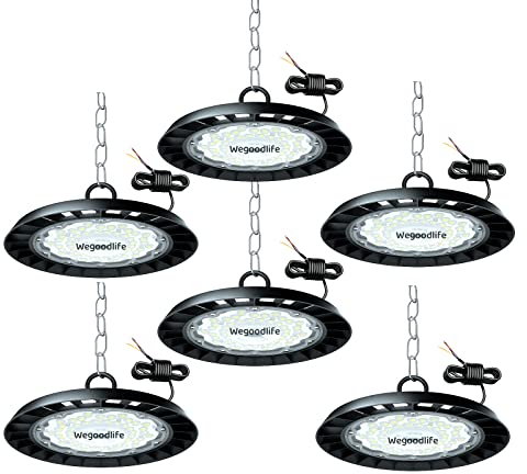 6er Wegoodlife UFO LED High Bay Light, 10000LM Hallenstrahler, 6500K Kaltweiß Werkstattlampe, IP65 Wasserdicht Industrielampe, 120°Abstrahlwinkel Garagenleuchte für Fabrik, Werkstatt, Baustelle