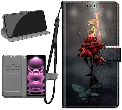 Tivenfezk Nadoli Handyhülle PU Leder für Xiaomi Redmi Note 10 4G,Bunt Bemalt Feuer Rose Blume Trageschlaufe Kartenfach Magnet Ständer Schutzhülle Brieftasche Cover