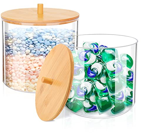 TCJJ 2PCS Laundry Detergent Storage,High-Capacity Plastic Washing Powder Storage,Bathroom Laundry Pod Storage Container With Bamboo Lid,Perfect for Washing Pods,Bath Bombs,Scent Booster