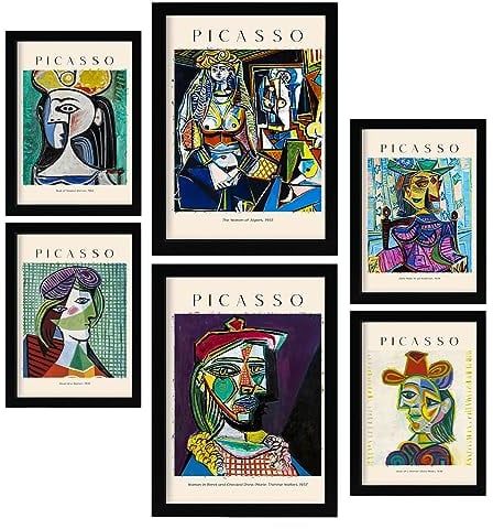Nacnic Poster 6 set of Picasso Sammlung von Kunstwerken, Dekorative Bilder für Ihr Wohnzimmer, Schlafzimmer, Zuhause. Wandkunst-Drucke. A4 and A3 with Black Frames