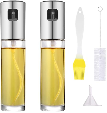 MEMOFYND Lot de 2 vaporisateurs d'huile avec entonnoir, pinceau, pulvérisateur d'huile pressée, outil de cuisine pour friteuse à air et autres appareils de cuisine (100 ml)