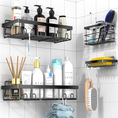 DIFULI Shower Caddy 4 Pack with Soap Holder, Shower Shelf No Drilling with Toothbrush holder, Bathroom Organiser Rack, Shampoo Holder for Shower, Bathroom Storage and Organisation