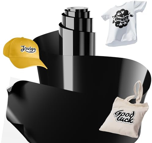 JAVIGA Plotterfolie Textil, 30,5 cm x 2,4 m Schwarz Flexfolie Plotter Textil für Cricut, Bügelfolie für Textilien, Schwarz Iron on Folie für DIY Shirts Aufbügeln, Stoffe