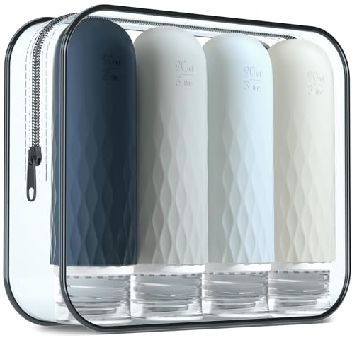 Gemice Silicone Travel Bottles Set 90 ml, Set of 4 Travel Bottles for Filling, Leak-Proof, Cosmetic Bottles for Filling Travel, Container, BPA-Free, FDA Approved, for Filling Shower Gel Lotion