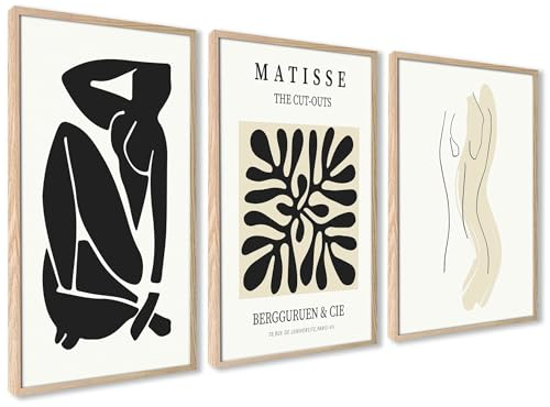 ag.art deco Abstrakte Matisse Wandkunst Poster Set | 3 Stück 40x50cm mit Rahmen holz |Schwarz Beige Gemälde für Wohnzimmer und Schlafzimmer