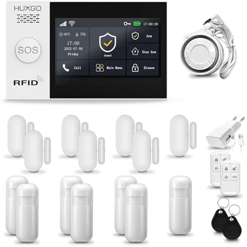 HUXGO® HXA007 Antifurto casa wireless WiFi + GSM 4G con sirena | Kit allarme casa senza fili: 7x rilevatori di movimento, 7x sensori di allarme per finestre/porte | Allarme Casa, Appartamento