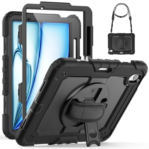 SEYMCY Case for iPad Air 11 Inch 2025(M3 7th) /2024(M2 6th), Full Body Shockproof with Screen Protector, 360° Rotating Stand & Hand Strap, Shoulder Strap, Pencil Holder, Black