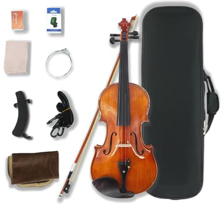 WUQIMUSC Violine 4/4 komplettes Set für Anfänger, Erwachsene, Studenten, gealtertes Fichtenahorn, Massivholz-Geide, Ebenholzbeschläge mit Hartschalenkoffer, Schulterstütze, Bogen, Stimmgerät, extra