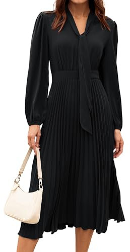 Plissiertes Swing-Kleid für Damen Fliege V-Ausschnitt Langärmelig Teekleid Hinten Gesmokt Schwarz 44