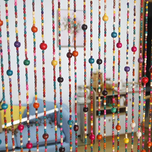 38 Strands Colorful Boho Hippie Door Beads Curtain, Hanging Wood Beaded Curtain for Doorways 36 Inches x 79 Inches (Rainbow)
