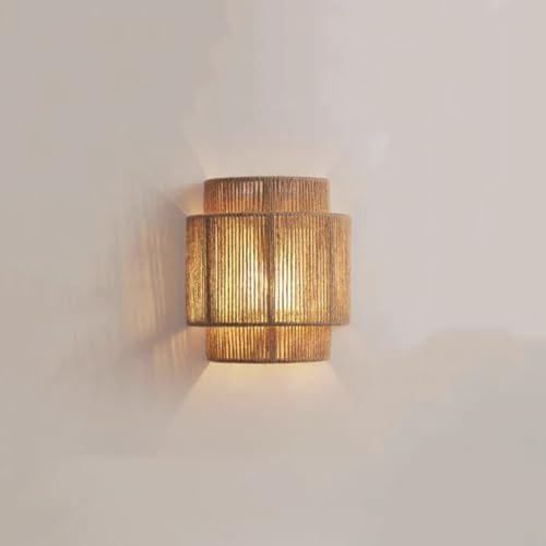 LOGT Innen Boho Wandleuchte Vintage Hanfseil Wandlampe Handgewebter Wandlicht aus Naturmaterial E27 Innen Dekoration Wandbeleuchtung Rattan Bambus für Wohnzimmer Schlafzimmer Heim Esszimmer