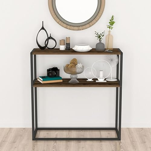 URBNLIVING Table console fine de 90 cm avec 2 étagères ouvertes - Table d'entrée autoportante moderne avec cadre en métal - Table de canapé pour petits espaces - Pour couloir, entrée, salon,