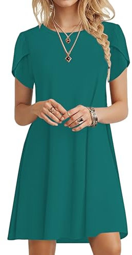 PLOKNRD Summer Dresses for Women UK Elegant Petal Short Sleeve T-Shirt Dress Crew Neck Casual Loose Swing Holiday Beach Dress with Pockets(Dark Green,XL)