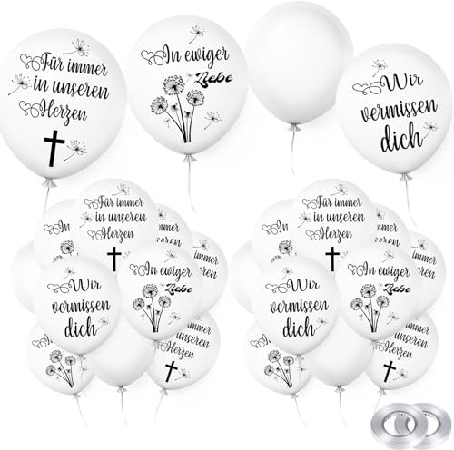 Weiße Trauer Luftballons, 38 Pcs Gedenkballons, Wir vermissen dich Luftballons, Beerdigung Ballon Biologisch, mit 2 Rollen Ballonband, für Beerdigung, Trauerfeier, Jubiläum, Gedenkdienste