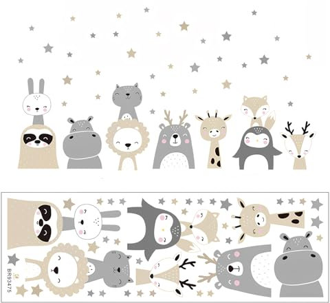 Animales de Jungla Pegatinas de Pared, Cartoon Jungle Animal Wall Stickers, Safari Animales Adhesivos Vinilos Boho Gris Bosque Conejos, Zorros Decorativos Pared para Bebé Habitación Cuarto