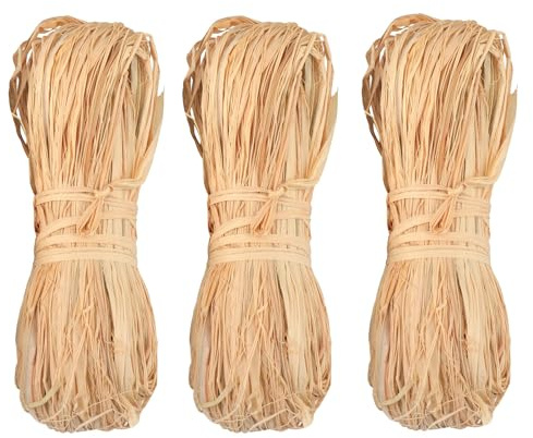 WORUIB 3 Bundles Brown Raffia Straw For Gift Wrapping, DIY Crafting, Decorating & Gardening - 150g Natural Raffia Straw