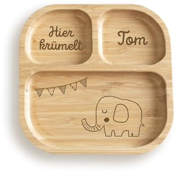 hellomini Personalisierter Babyteller mit Saugnapf – Individueller Kinderteller aus hochwertigem Bambusholz – Geschenk zur Geburt & Taufe – BPA-frei (Elefant, Nur Teller)