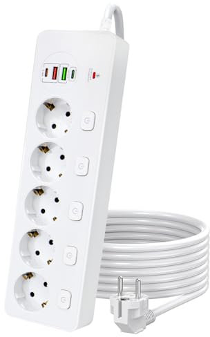 PD20W Mehrfachstecker für Steckdose, 5 Fach Mehrfachsteckdose mit Einzeln Schalter, 2M Kabel Steckdosenleiste mit 2 USB-A & 2 USB-C, Kindersicherung, Wandmontage, 3000W, 13A, 250V, Weiß