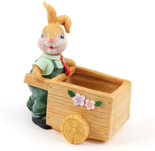 EZESO Easter Bunny Statue Ornament Indoor, Cute Bunny Resin Small Flowers Pots, Animal Sculpture Storage Ornament Party Decor for Birthdays,Room, Office