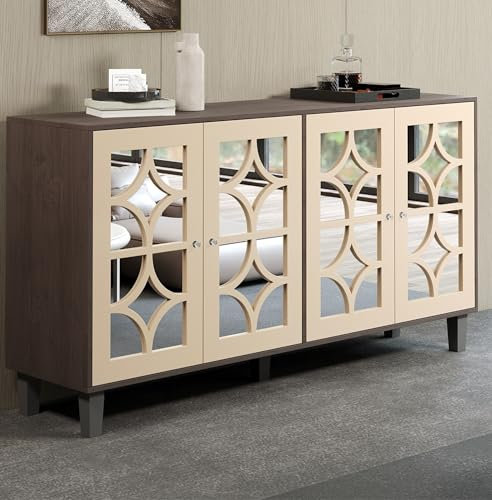 Azkoeesy Armario buffet de 160 cm con puertas de espejo y tiradores de cristal, mueble de TV, mueble de cocina, comedor, cocina, salón (marrón)