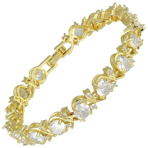 RIZILIA BLOSSOM Vergoldet Bunt Geburtsstein Tennisarmband Damen | 14K Gelbgold vergoldet Mehrfarbig Edelstein Zirkonia, 6mm Rundschliff Zirkonia, 16,5/18/19 cm, Hypoallergen, Geschenkbox
