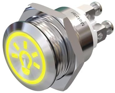 Metzler - Pulsador de 19 mm - Luz LED con símbolo 230 V amarillo - IP67 IK10 - Acero inoxidable - Plano - Contactos de tornillo