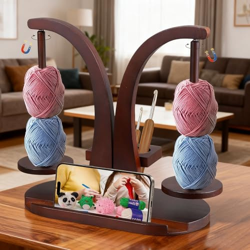 ExKeen Wollabwickler Magnetisch, Wollhalter Holz mit Strickzubehör Organizer, Magnetischer Holz Wollknäuelhalter, Doppel Garnballhalter Ständer für Häkelliebhaber